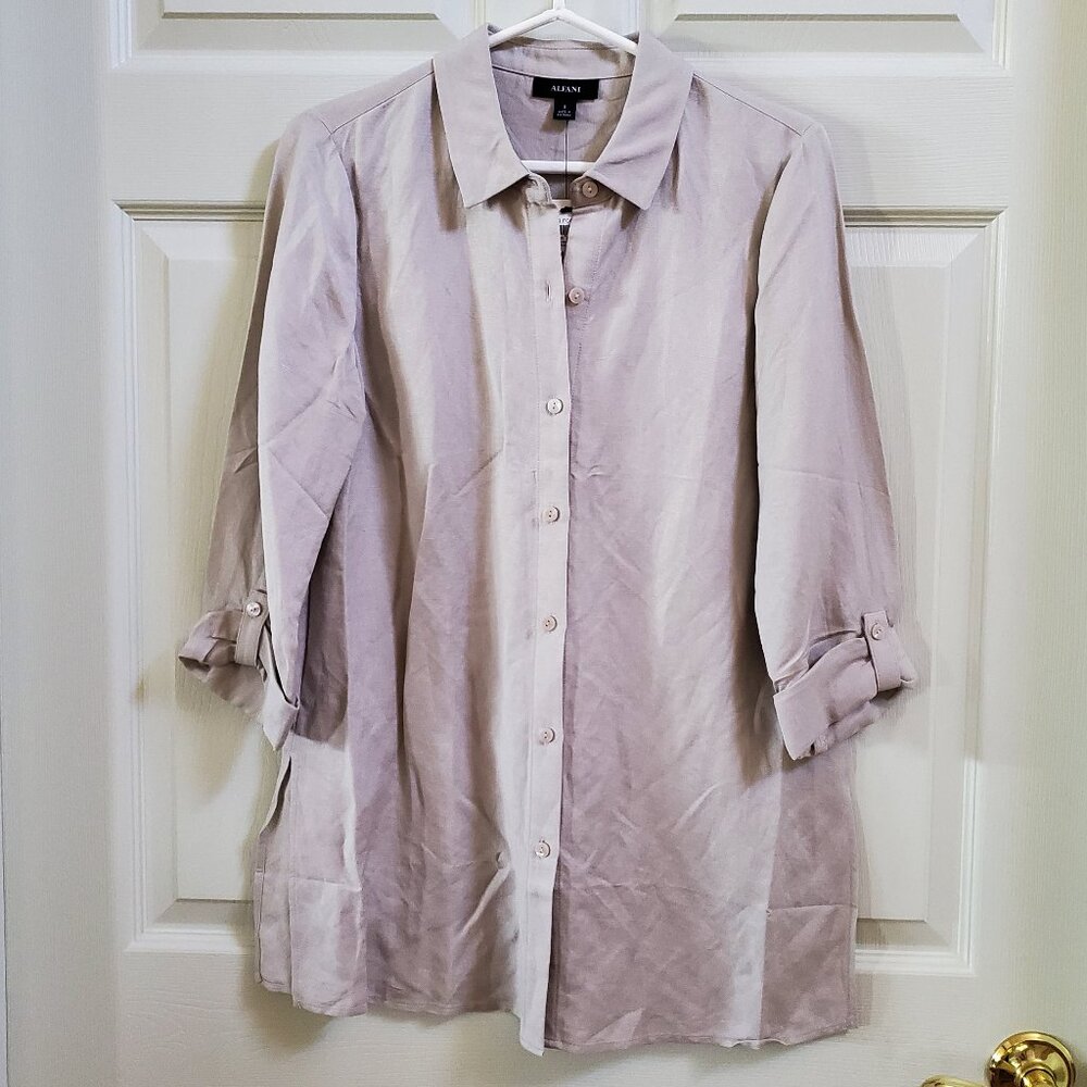 NWT Alfani Roll Sleeve Button Down Linen Blend Tunic Shirt Size Small